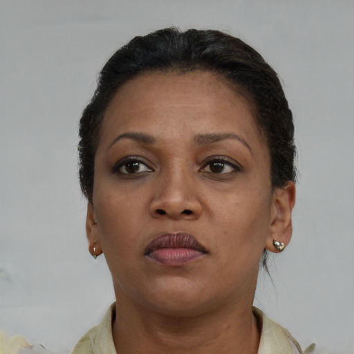 Neutral black adult female with short  brown hair and brown eyes