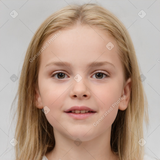 Joyful white child female with medium  brown hair and brown eyes