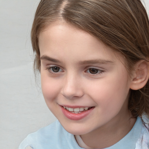 Joyful white child female with medium  brown hair and brown eyes