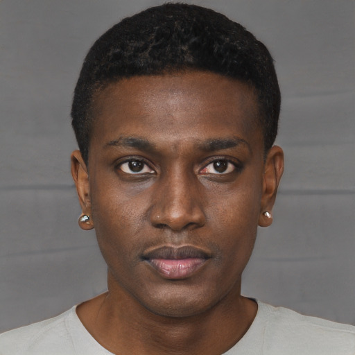 Neutral black young-adult male with short  black hair and brown eyes