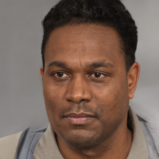 Neutral black adult male with short  black hair and brown eyes