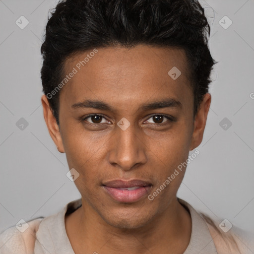 Neutral white young-adult male with short  black hair and brown eyes