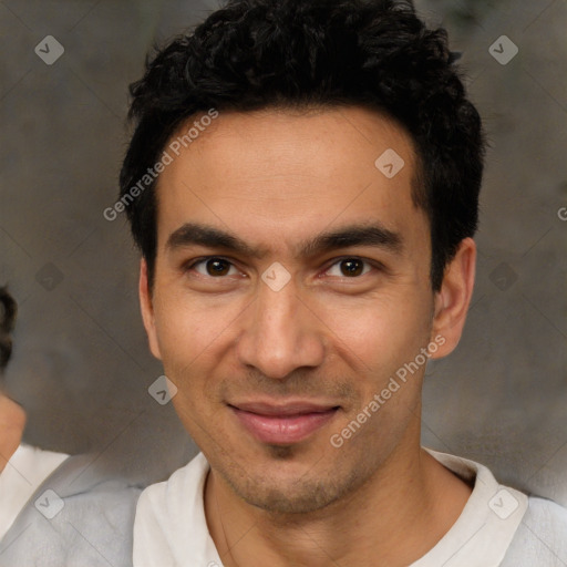 Joyful white young-adult male with short  black hair and brown eyes