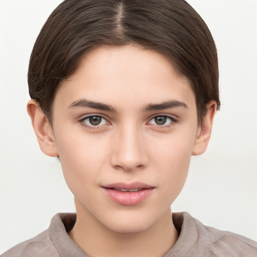 Neutral white young-adult female with short  brown hair and brown eyes