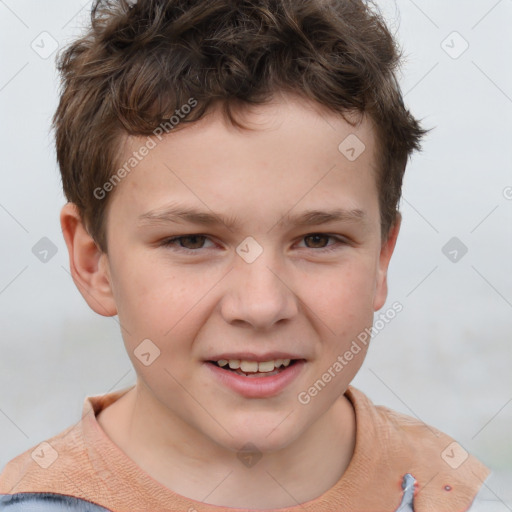 Joyful white child male with short  brown hair and grey eyes