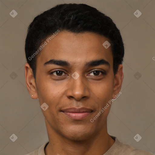 Joyful black young-adult male with short  black hair and brown eyes