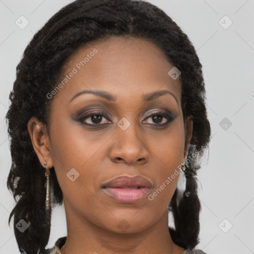 Joyful black young-adult female with long  brown hair and brown eyes