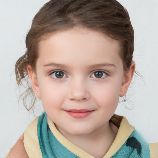 Joyful white child female with medium  brown hair and grey eyes