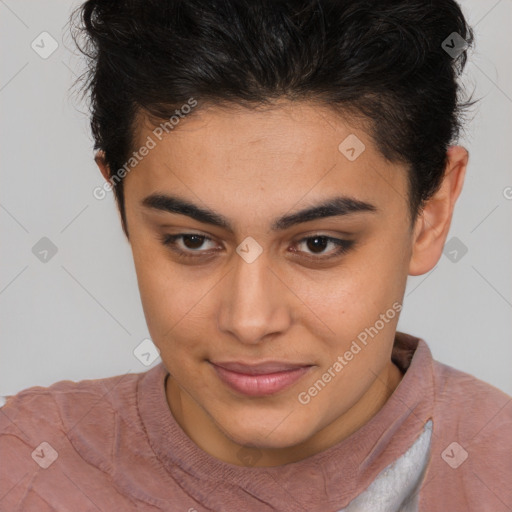 Joyful latino young-adult female with short  brown hair and brown eyes