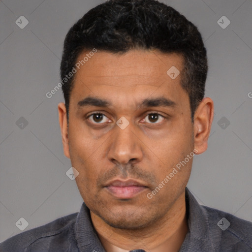 Neutral white adult male with short  black hair and brown eyes