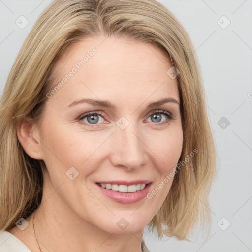 Joyful white young-adult female with medium  brown hair and blue eyes