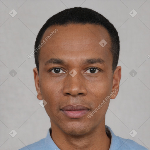 Neutral black young-adult male with short  black hair and brown eyes