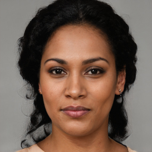 Neutral latino young-adult female with medium  black hair and brown eyes