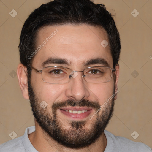 Joyful white adult male with short  black hair and brown eyes