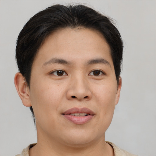 Joyful asian young-adult female with short  brown hair and brown eyes