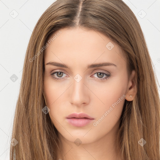 Neutral white young-adult female with long  brown hair and brown eyes