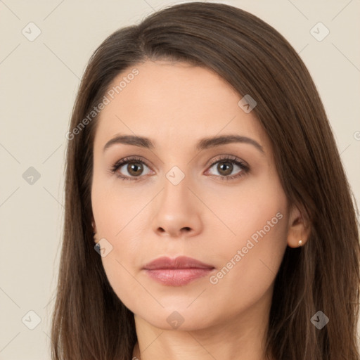 Neutral white young-adult female with long  brown hair and brown eyes