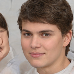 Joyful white young-adult male with medium  brown hair and brown eyes