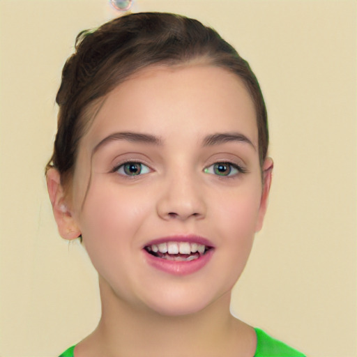 Joyful white young-adult female with medium  brown hair and green eyes