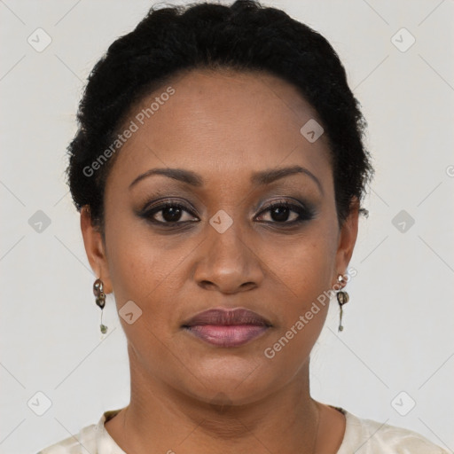 Joyful black adult female with short  black hair and brown eyes