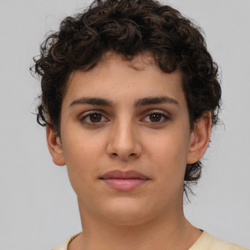 Neutral white young-adult female with short  brown hair and brown eyes