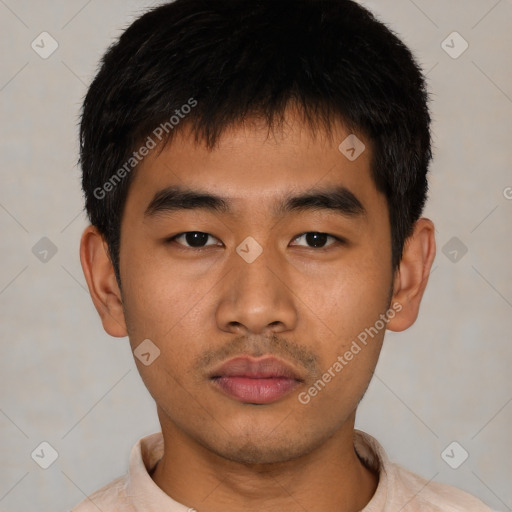 Neutral asian young-adult male with short  black hair and brown eyes