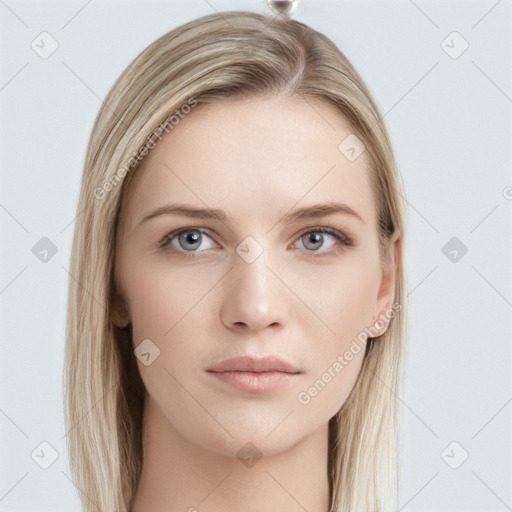 Neutral white young-adult female with long  brown hair and grey eyes