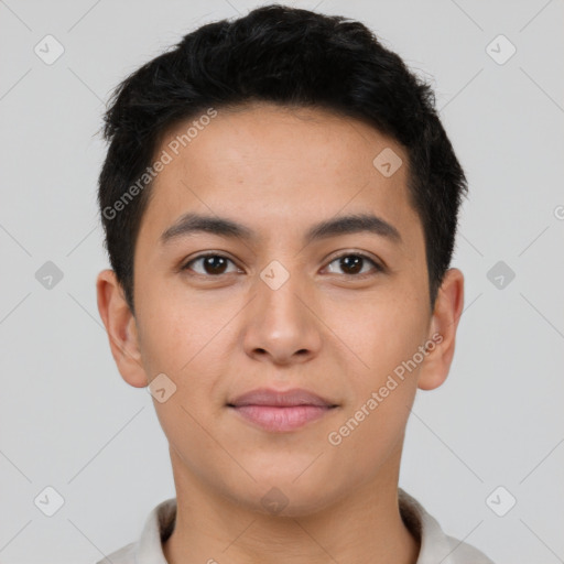 Neutral asian young-adult male with short  brown hair and brown eyes