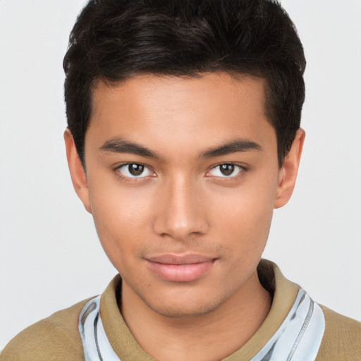 Neutral latino young-adult male with short  brown hair and brown eyes