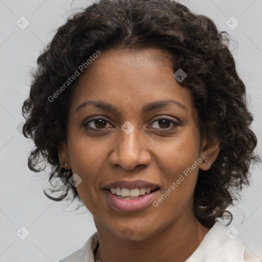 Joyful black young-adult female with medium  brown hair and brown eyes