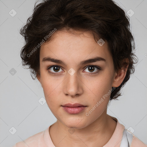 Neutral white young-adult female with short  brown hair and brown eyes