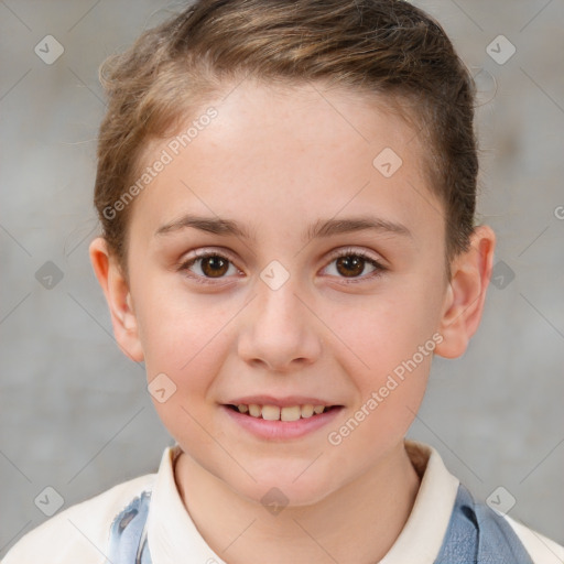 Joyful white child female with short  brown hair and brown eyes