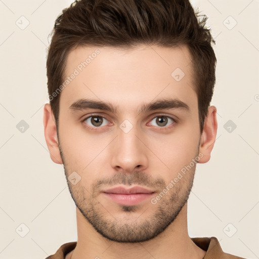 Neutral white young-adult male with short  brown hair and brown eyes