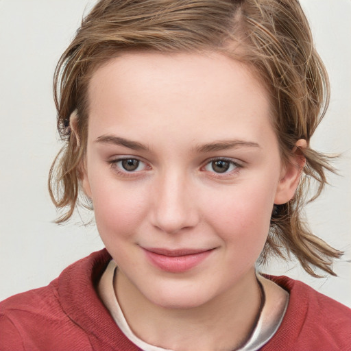 Joyful white child female with medium  brown hair and blue eyes