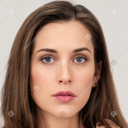 Neutral white young-adult female with long  brown hair and brown eyes