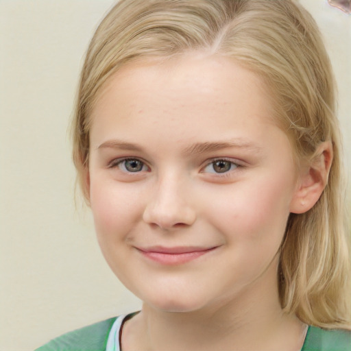 Joyful white child female with medium  brown hair and brown eyes