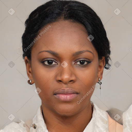 Neutral black young-adult female with short  black hair and brown eyes