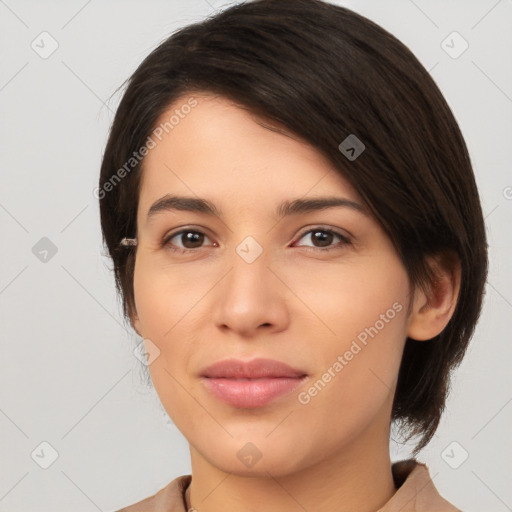 Joyful white young-adult female with medium  brown hair and brown eyes