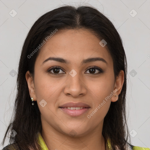 Joyful latino young-adult female with long  brown hair and brown eyes