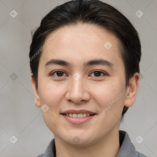 Joyful white young-adult female with short  brown hair and brown eyes