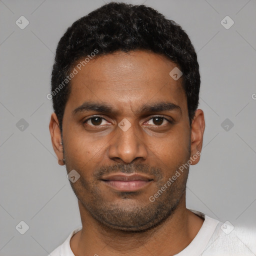 Neutral black young-adult male with short  black hair and brown eyes