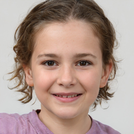 Joyful white child female with medium  brown hair and brown eyes