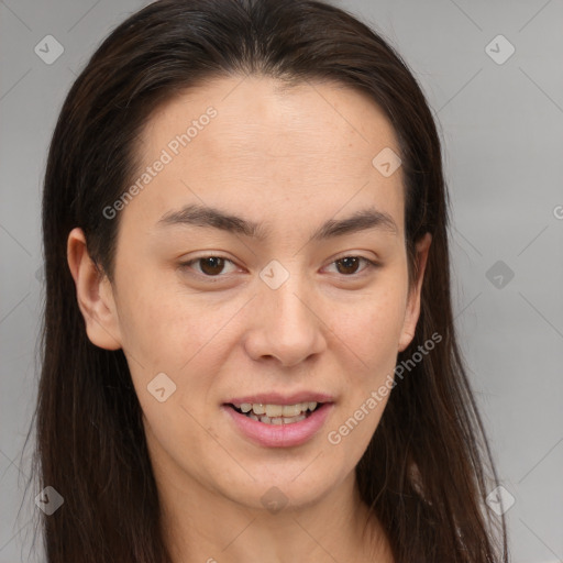 Joyful white young-adult female with long  brown hair and brown eyes