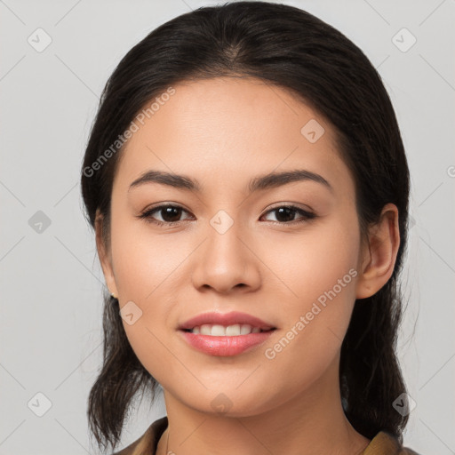 Joyful white young-adult female with medium  brown hair and brown eyes