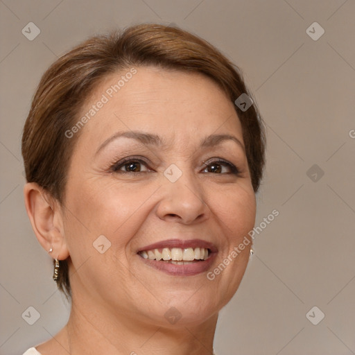 Joyful white adult female with short  brown hair and brown eyes