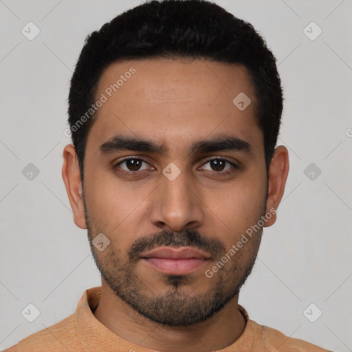 Neutral latino young-adult male with short  black hair and brown eyes