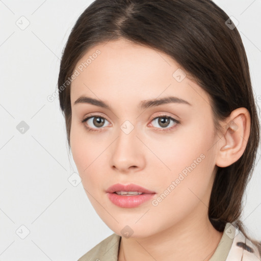 Neutral white young-adult female with medium  brown hair and brown eyes