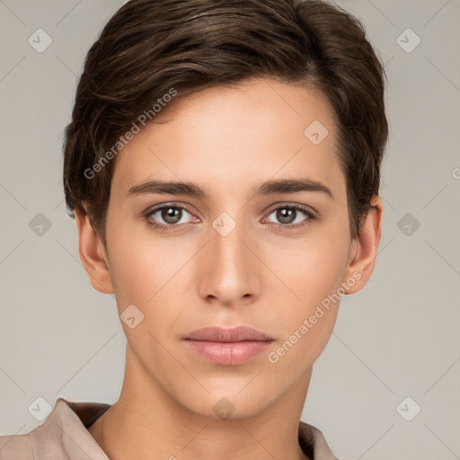 Neutral white young-adult female with short  brown hair and brown eyes