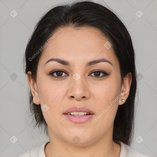 Joyful asian young-adult female with medium  brown hair and brown eyes