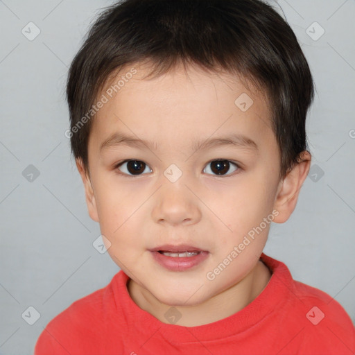 Joyful white child male with short  brown hair and brown eyes